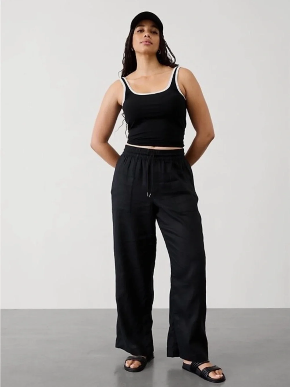 Athleta Retreat  Black Wide Leg Linen Drawstring Pants  Size Large